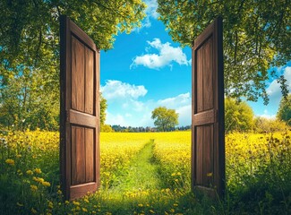 Doorway to Field of Yellow Flowers Path to Tree