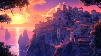 Coastal Sunset Town: A Picturesque Mediterranean Village at Golden Hour