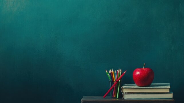 Back to School: Red Apple, Books, and Colored Pencils on a Teal Blackboard - Powered by Adobe