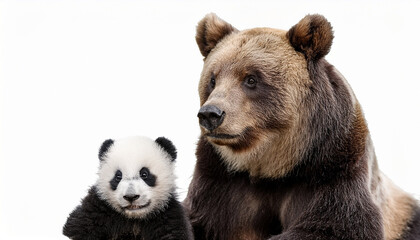 Obraz premium brown bear and panda cub posing on white background