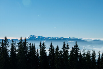 View on Carpathians Mountains Valley in Sunny Winter Day