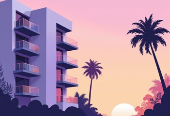 Naklejka premium Modern apartment building with balconies against a vibrant sunset