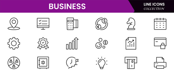 Business and Finance web icons in line style. Money, bank, contact, infographic. Icon collection. Vector illustration.