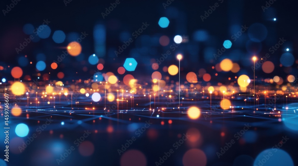 Poster an abstract digital scene featuring bright lights and technology elements, creating a futuristic aes