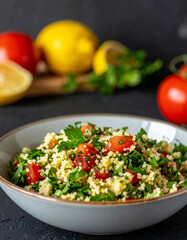 Fresh tabbouleh salad in bowl. Tasty food. Delicious meal. Cooking and culinary.