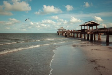 Naklejka premium Scenic View of Fort Myers Beach Pier Surrounded by Cloudy Skies and Serene Gulf of Mexico Waters in Florida
