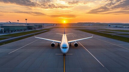 Airplane on Runway During Sunrise with Beautiful Sky Colors and Clouds