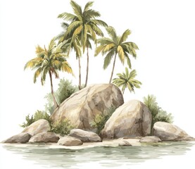 Fototapeta premium A drawing of an island with palm trees and rocks on a white background