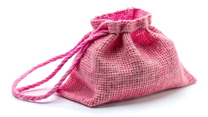 Pink burlap drawstring bag isolated on white background