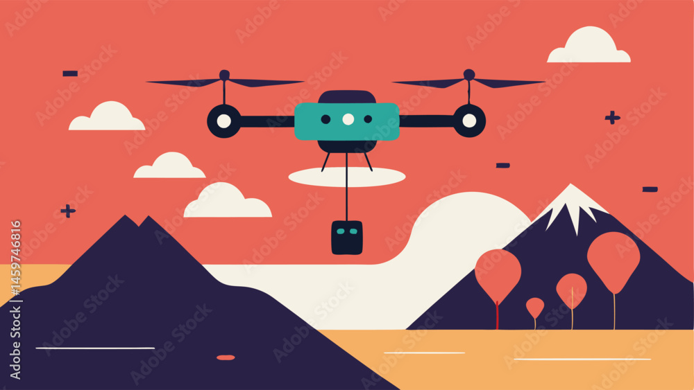 Poster drone surveillance illustrate a drone flying over a landscape equipped with sensors and cameras rela