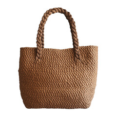 Artisanal woven tote bag with braided handles against a stark background