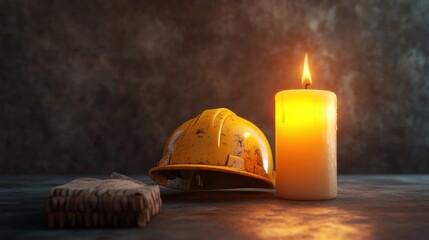 Workers Memorial Day Candle and Helmet Symbolizing Tribute and Remembrance