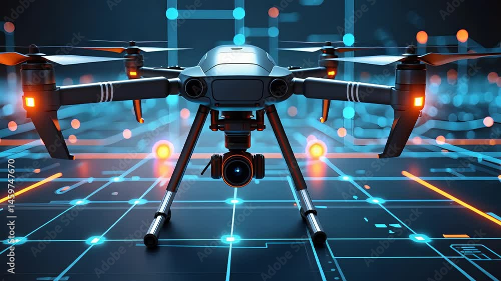 Aufkleber close-up of a drone with camera and led lights hovering over a digital circuit board, depicting mode