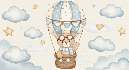 AI image of an adorable teddy bear pilot waving from a hot air balloon, amidst clouds and stars, watercolor style.