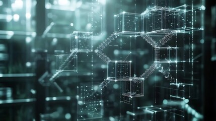 Floating cubes of genetic information processed bioinformatics algorithms in high tech research pipeline illustration