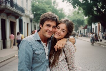 Fototapeta premium A man and a woman standing next to each other on a city street