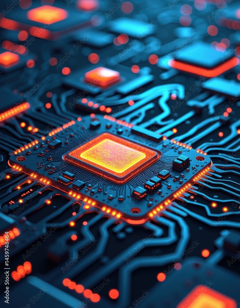Poster close-up of a glowing microchip on a circuit board with intricate details