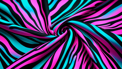 Background of folded fabric drapery with neon colored striped pattern