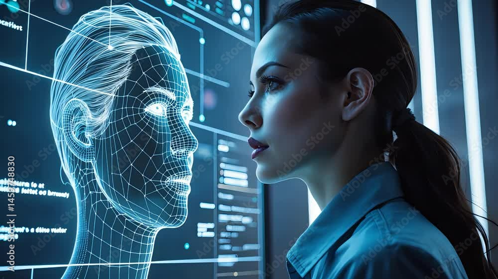 Aufkleber woman analyzing digital face recognition data on a high-tech screen with 3d interface, depicting adv