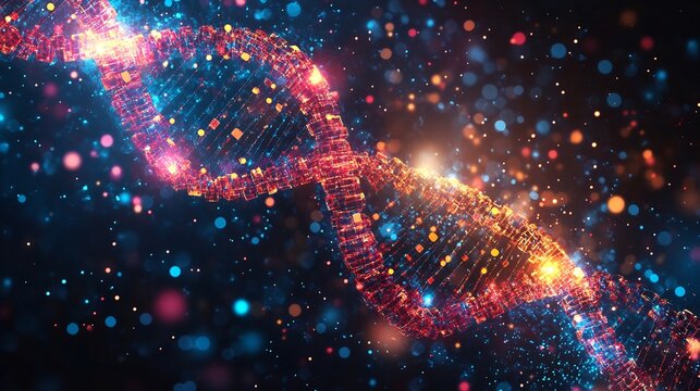Floating cubes of genetic information processed bioinformatics algorithms in high tech research pipeline illustration