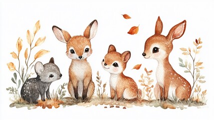 Fototapeta premium Whimsical Watercolor Illustration of Cute Animals and Forest