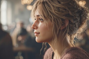 Naklejka premium A woman with blonde hair in a messy bun looking away from the camera