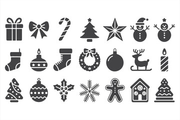 Collection of Christmas Symbols in Black Silhouette: Snowmen, Trees, and Gifts