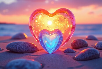 Fototapeta premium Colorful glass hearts reflecting sunlight on a sandy beach at sunset