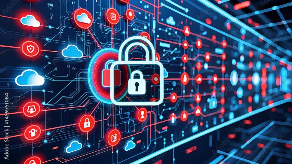 Poster digital cybersecurity network with locked padlock icons and red and blue data lines, representing on