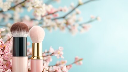 Elegant makeup brushes paired with delicate cherry blossom accents against a soft blue background, ideal for beauty and cosmetic marketing, product promotion, or lifestyle blogs,
