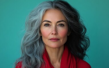 Fototapeta premium Professional artistic photography of older woman with dark silver hair in high contrast portrait comparing natural aging and timeless beauty 