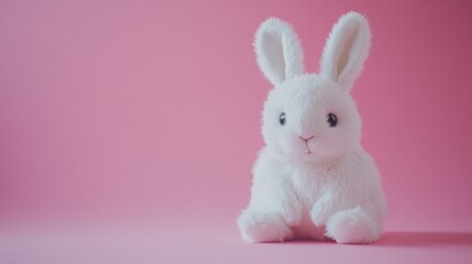 White plush bunny toy sitting against a soft pink background, a delightful spring vibe