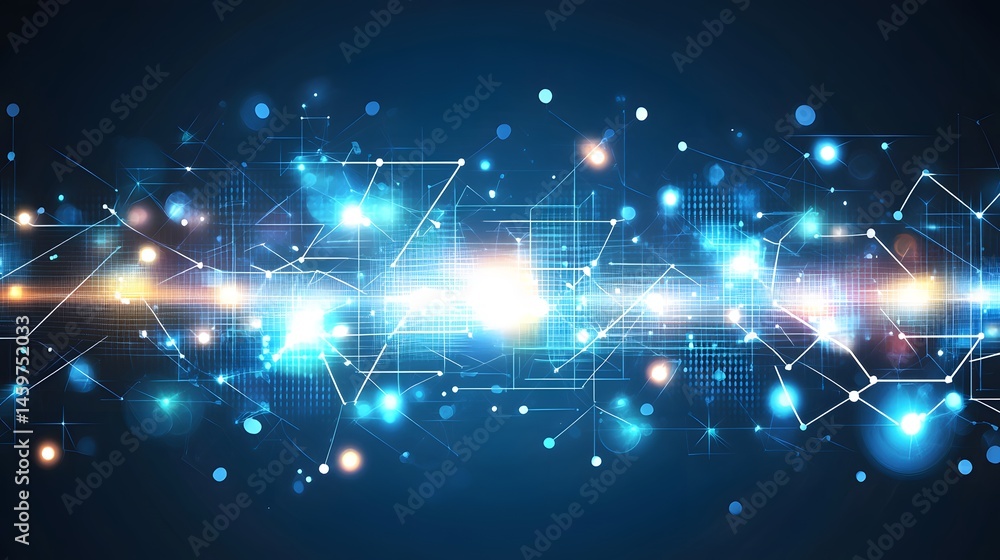 Poster abstract digital network design with glowing lines and points.