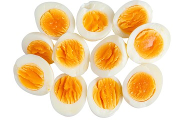 Boiled eggs, cut in half, on a white background
