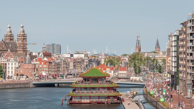 Aerial cityscape panorama with the Basilica of Saint Nicholas in Amsterdam's Old Centre near the Central Station timelapse. People walking along the waterfront by boat station. Amsterdam, Netherlands