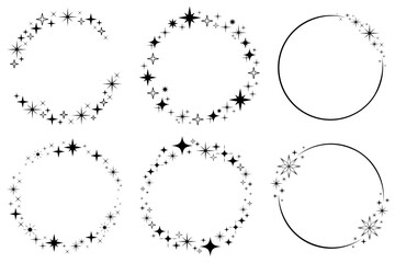 Set of vector graphic circle frame with twinkle stars, Shiny sparkle circle banner collection, Wreaths for design, logo template. Stardust, starry sky, cosmic glitter shine.