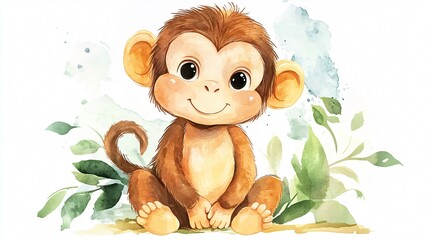 Adorable Watercolor Illustration of Cute Cartoon Monkey Child