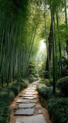 Bamboo pathway leading through a serene garden in midday sunlight