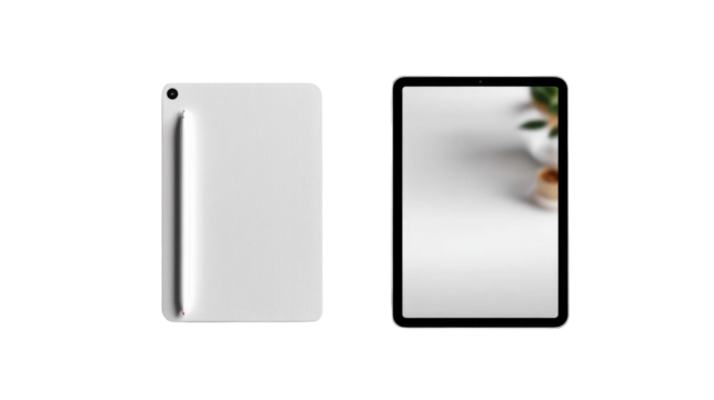 Modern Tablet Design: A sleek, next-generation tablet in elegant minimalist, showcasing both the front and rear aspects of its cutting-edge design. perfect for modern technology, work.