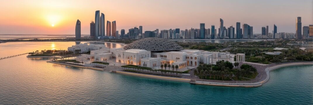 Aerial View of Abu Dhabi Skyline Featuring Louvre Museum at Sunset - UAE City Landscape