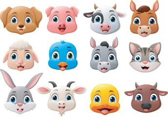 Cute farm animal head. cartoon set collection