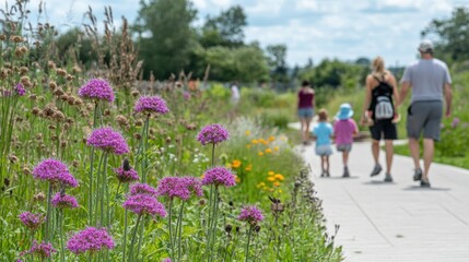 Obraz premium Family stroll along paved path, vibrant wildflowers in foreground.