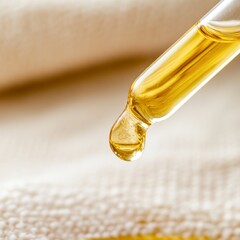 A close-up of a dropper filled with golden oil, hovering over a textured surface, ideal for wellness, skincare, or essential oils marketing, emphasizing natural ingredients and healthy living,