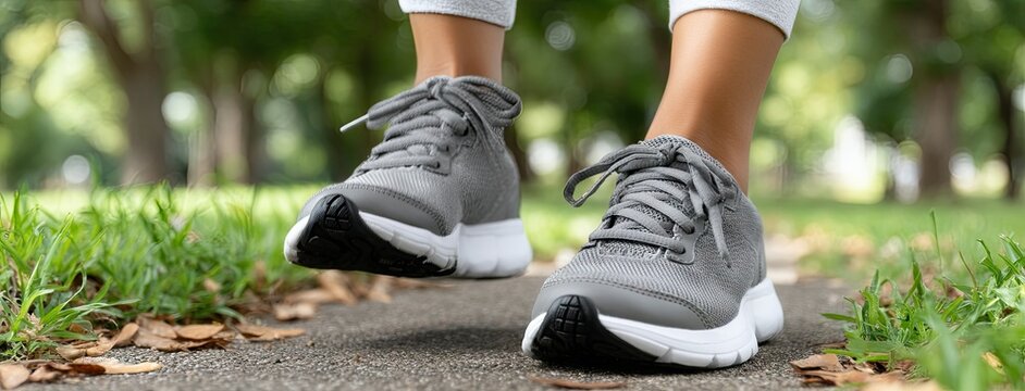Close-up view of feet in gray and white shoes running on a path in a park surrounded by green grass under natural light conditions