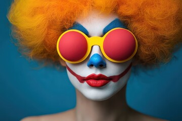 Colorful haired clown in sunglasses poses