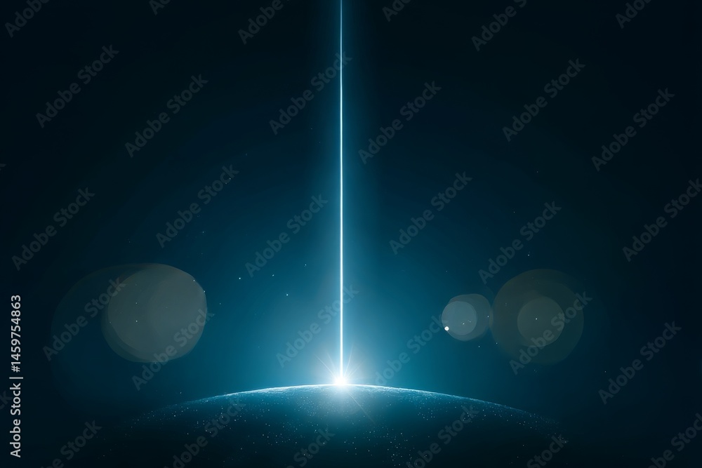Poster vertical blue-white light line on dark space-inspired background with misty halos and star-like text
