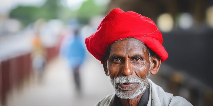 Elderly man wearing a red turban smiles warmly in a bustling outdoor market setting during daylight hours