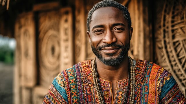 Vibrant cultural portrait of a man wearing traditional attire in an outdoor setting with intricate backgrounds