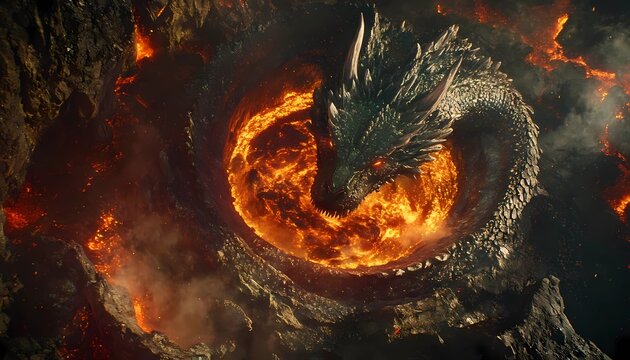 Dragon’s Lair in the Volcano’s Heart, A colossal dragon coiled around a molten lava core within a jagged volcanic cavern,