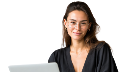 Elegant Professional with Laptop: A stylish businesswoman, sporting elegant eyewear, engages confidently with her laptop in a clean, modern setting, ready to conquer the day's challenges.
